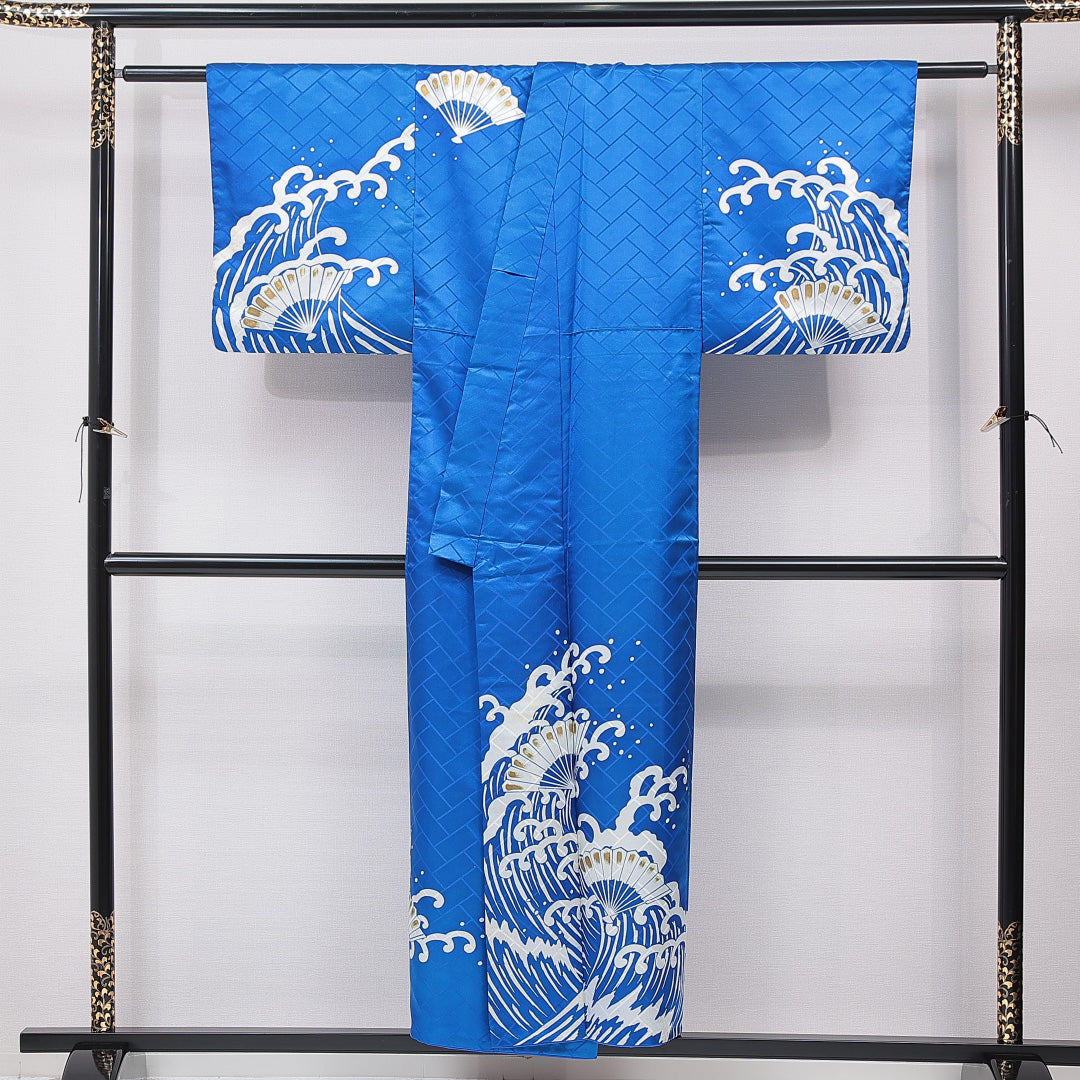 訪問着 袷 身丈150cm 裄丈60cm 正絹 Cランク Sサイズ 広衿 セミフォーマル 扇 波頭 金彩 青系 1212-15902