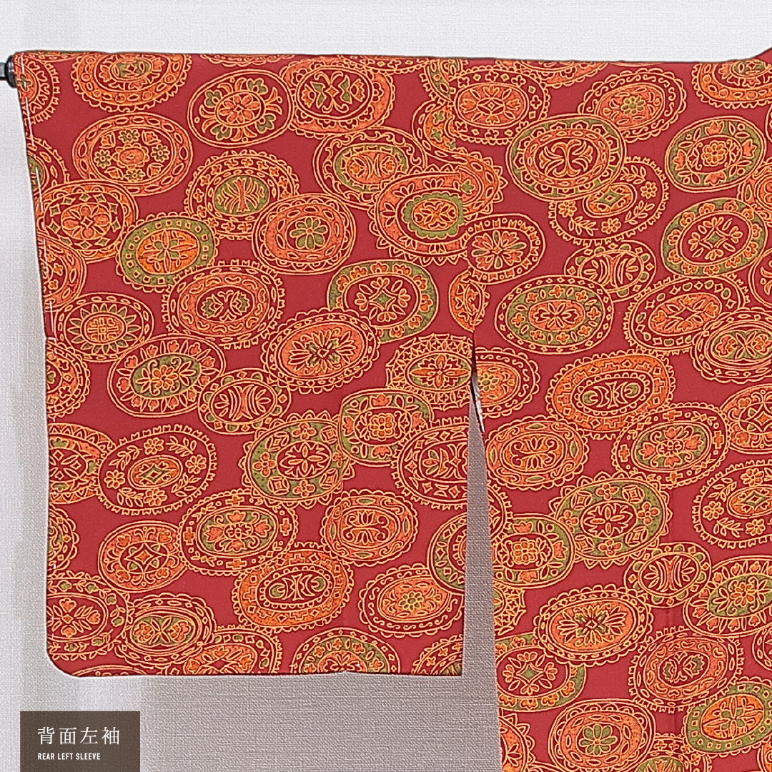 道行コート 袷 身丈85cm 裄丈65cm 正絹 Aランク セミフォーマル Mサイズ ポケットあり 丸文 赤系 RP 1237-16855
