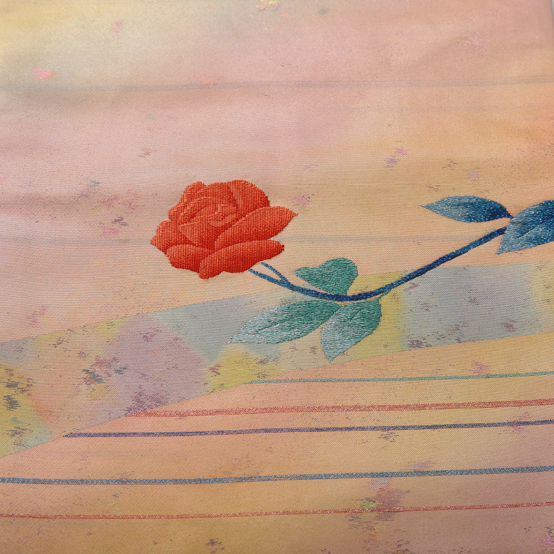 九寸名古屋帯 帯丈359cm カジュアル 名古屋仕立て ポイント柄 Cランク 正絹 綴れ織 薔薇 クリーム系 1224-03491