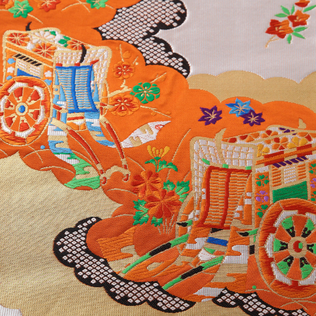 袋帯 帯丈436cm フォーマル 六通 Sランク 正絹 唐織 御所車 朱系 1223-02079