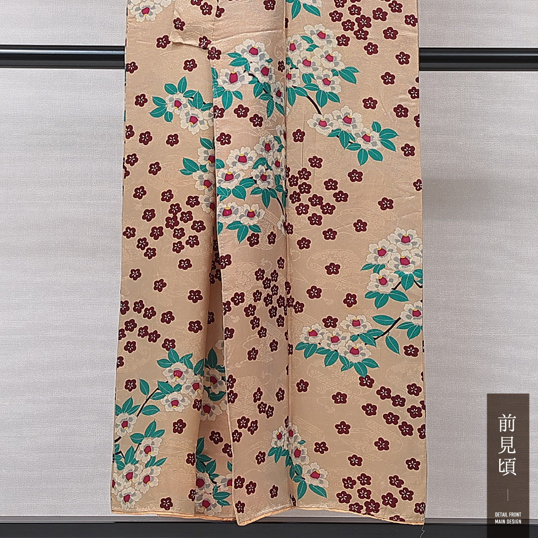 アンティーク 小紋 袷 身丈150cm 裄丈61cm 正絹 Cランク バチ衿 Sサイズ 椿 ベージュ系 M4 1221-16747