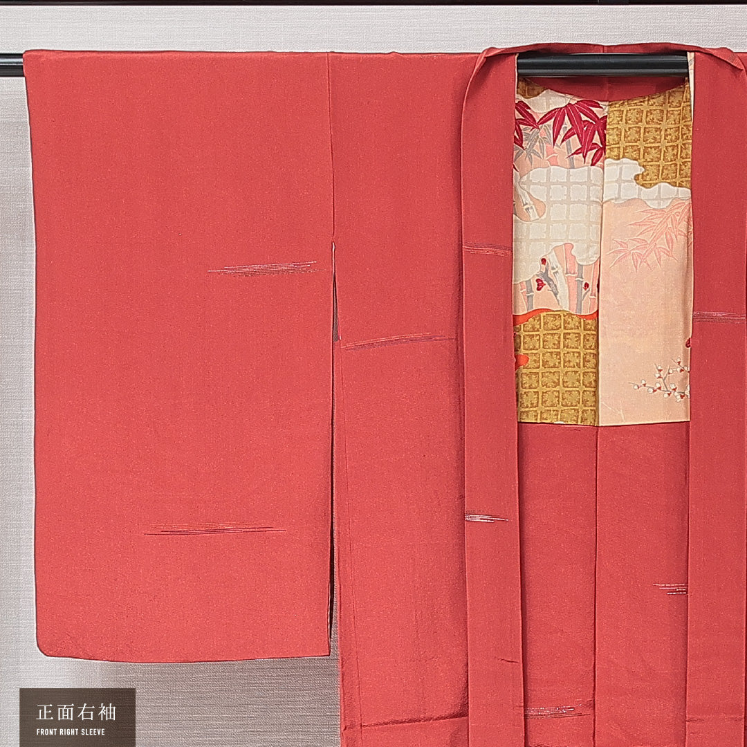 アンティーク 羽織(お召) 袷 身丈89cm 裄丈61cm 正絹 Aランク Sサイズ 一つ紋(五三桐) 道長取り 朱系 1217-15263
