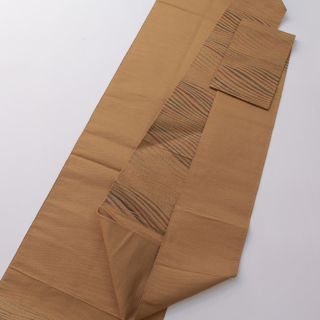 八寸名古屋帯 帯丈347cm カジュアル 名古屋仕立て 全通 Sランク 正絹 創作柄 茶系 黄系 1224-03296