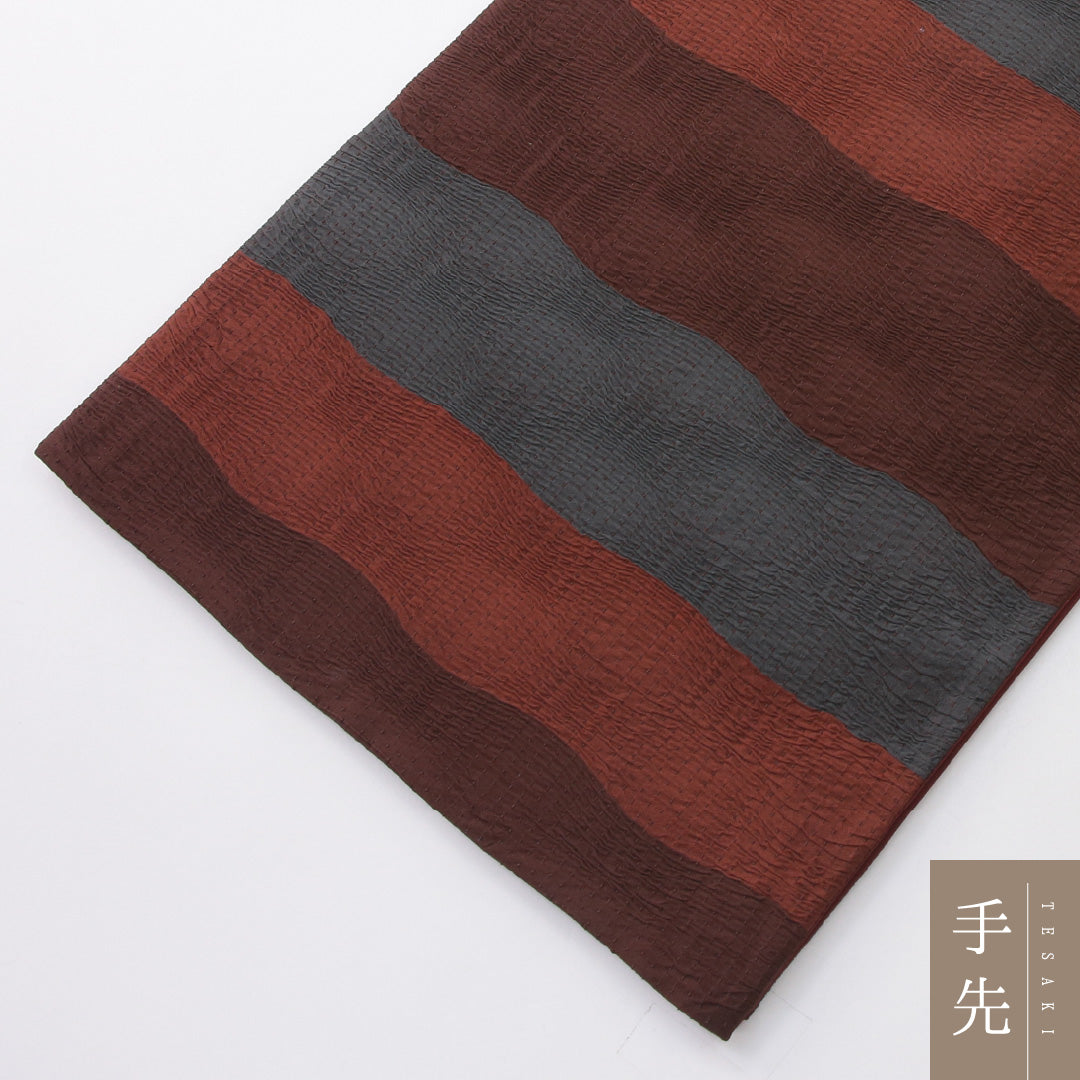 袋帯 帯丈436cm インフォーマル 六通 帯芯なし Sランク 正絹 ふくれ織 よろけ縞 赤系 1223-02240