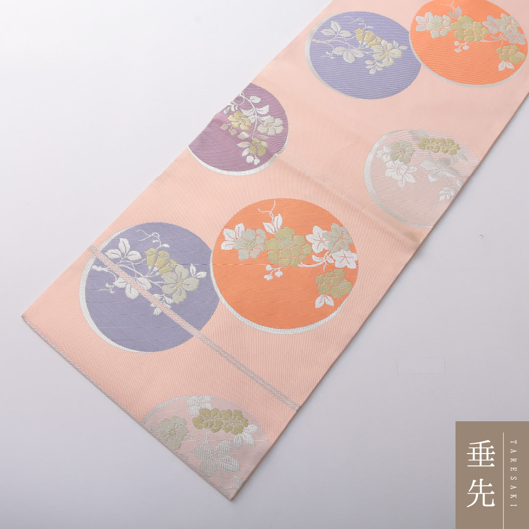 九寸名古屋帯 帯丈365cm インフォーマル 名古屋仕立て 六通 Aランク 正絹 丸文 椿 ピンク系 1224-03490