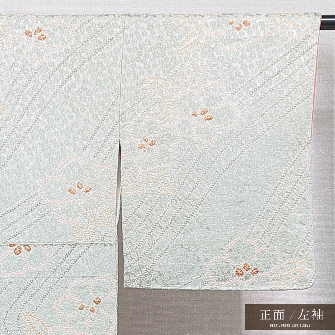 小紋 袷 身丈151cm 裄丈61cm 正絹 Cランク インフォーマル 広衿 Sサイズ 部分絞り 椿 緑系 HP 1221-15588