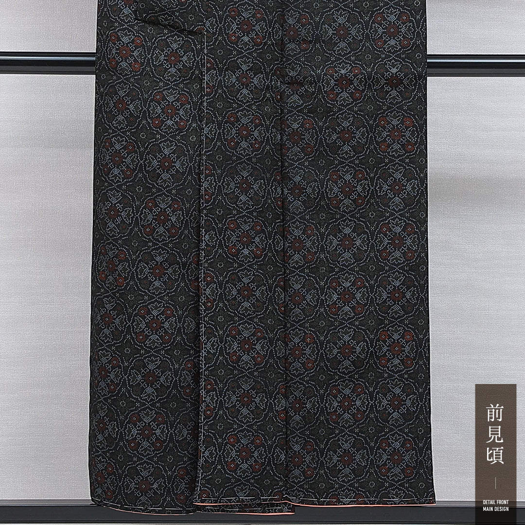 小紋 袷 身丈151cm 裄丈62cm 正絹 Sランク インフォーマル 広衿 Sサイズ 花柄 紺系 RP 1221-15936