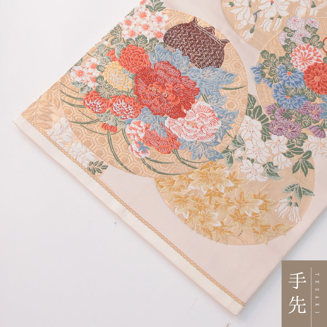 袋帯 帯丈436cm 正絹 六通 フォーマル 唐織 九百錦 花籠 クリーム系 1243-02294