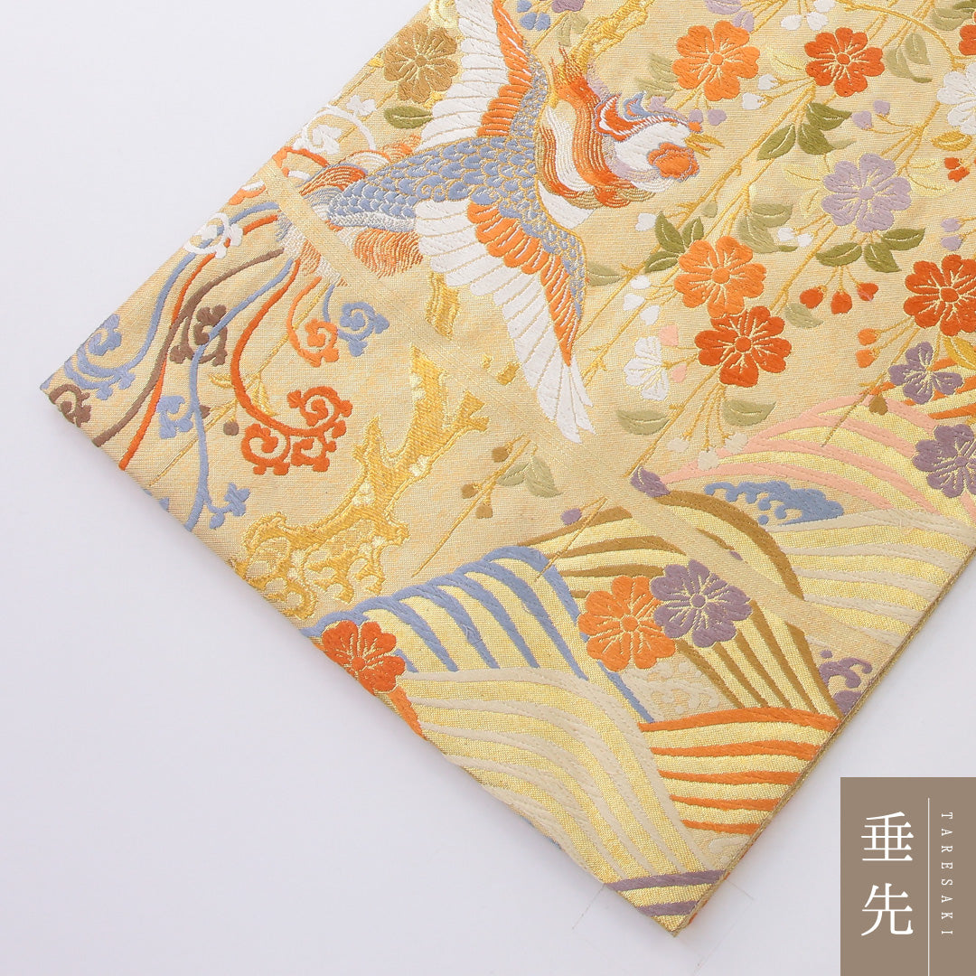 袋帯 帯丈444cm 正絹 六通 フォーマル 花喰鳥 蜀江 金系 1243-02184