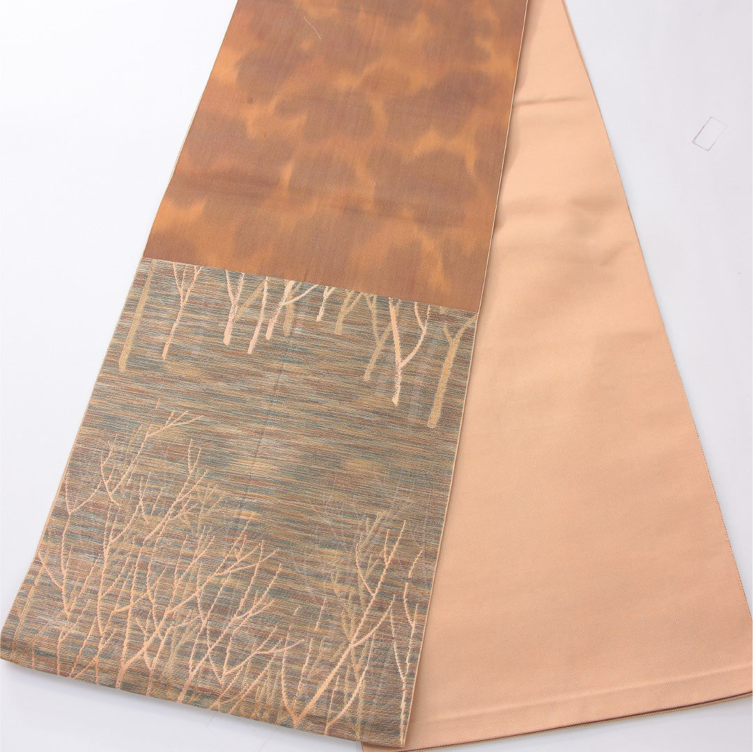 八寸名古屋帯 帯丈356cm カジュアル 開き仕立て 六通 Cランク 正絹 木立 ベージュ系 1224-04057