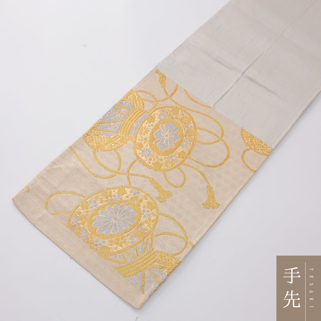 アンティーク 袋帯 帯丈416cm 六通 未仕立て 帯芯なし Aランク 正絹 鼓 金系 クリーム系 1223-02322