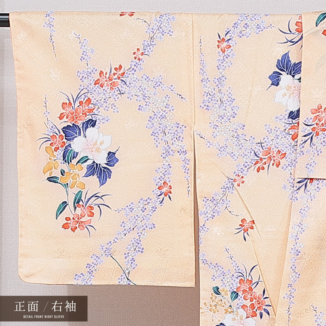 洗える着物 小紋 袷 身丈164cm 裄丈64cm ポリエステル Sランク インフォーマル 広衿 Lサイズ 芙蓉 朱系 RP 1221-15818
