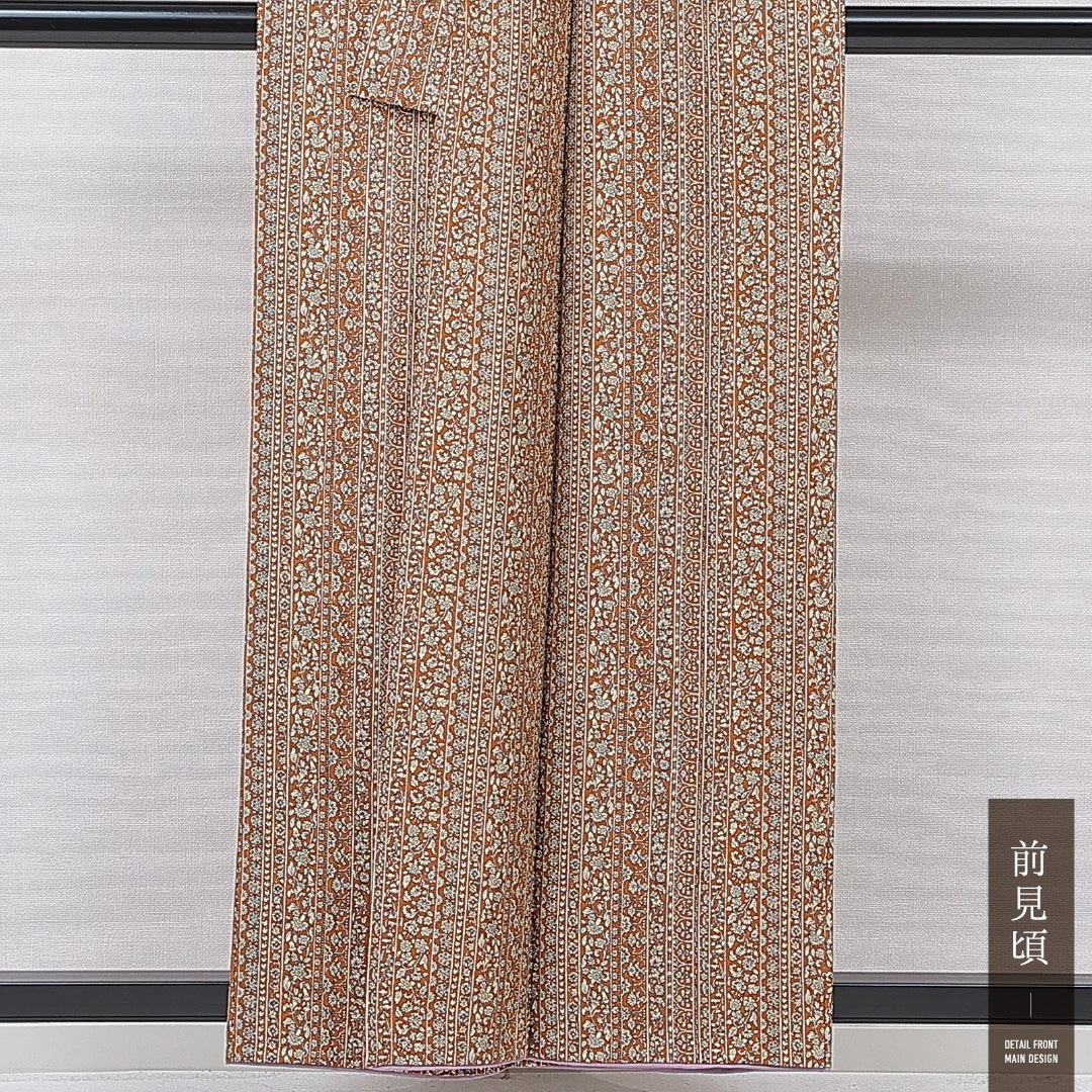小紋 袷 身丈156cm 裄丈65cm 正絹 Dランク Mサイズ バチ衿 インフォーマル 更紗 花柄 茶系 1215-15710