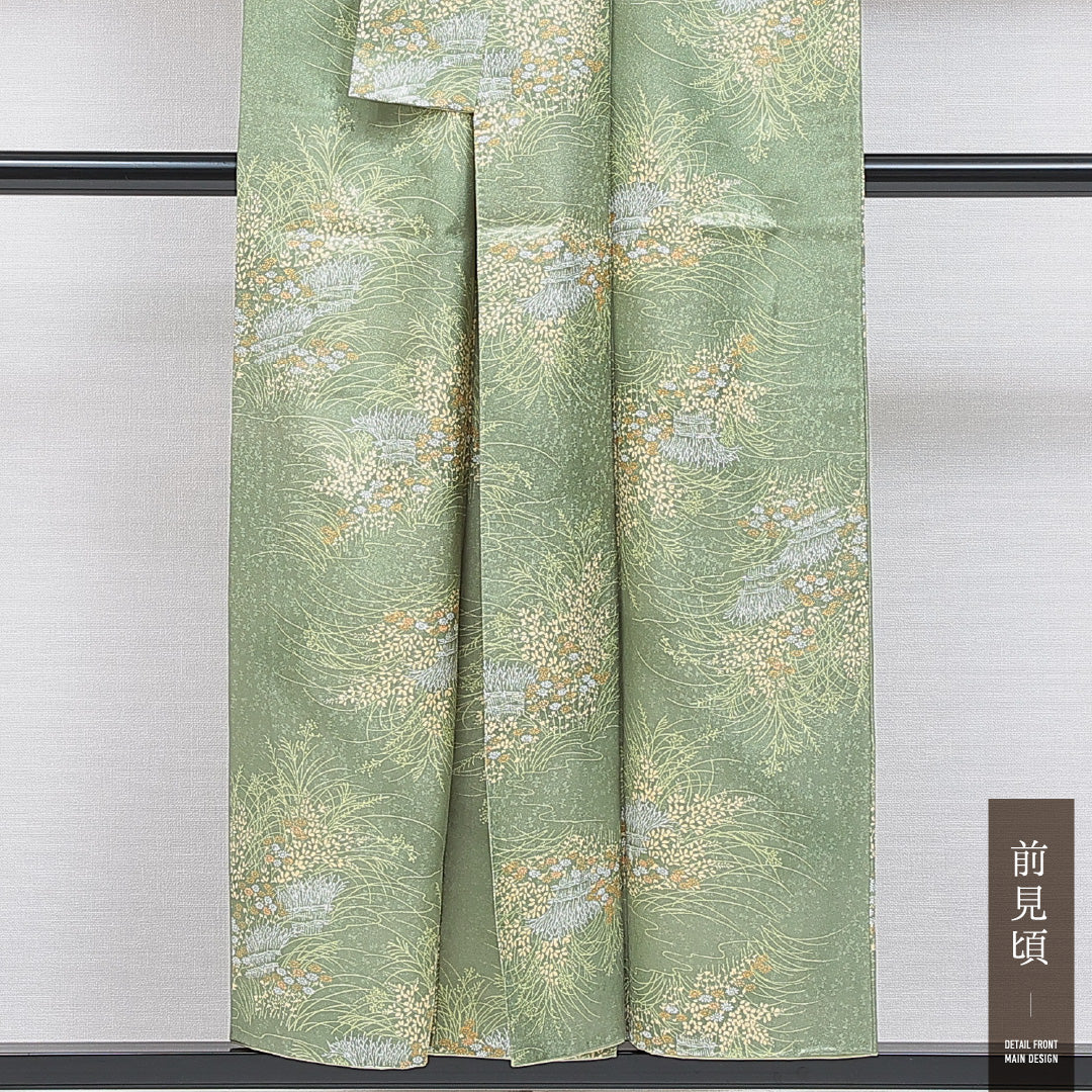 洗える着物 小紋 袷 身丈150cm 裄丈62cm ポリエステル Sランク インフォーマル 広衿 Sサイズ 植物柄 緑系 RP 1221-16273