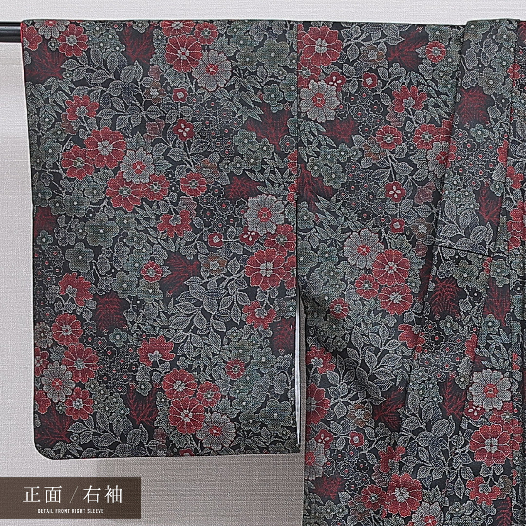 洗える着物 紬 袷 身丈163cm 裄丈64cm ポリエステル Sランク カジュアル バチ衿 Lサイズ 花柄 黒系 RP 1223-16309