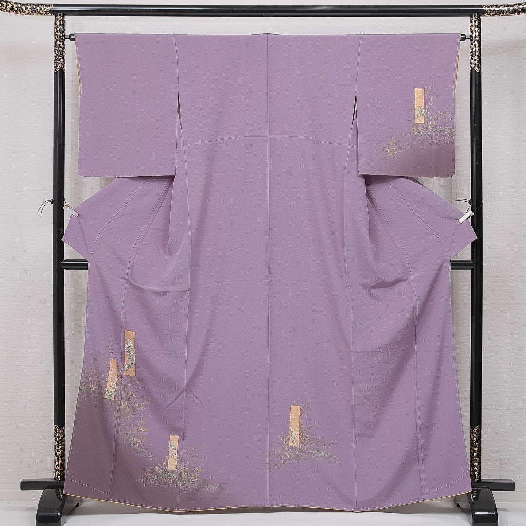 未使用品 付下げ 袷 身丈164cm 裄丈64cm 正絹 Nランク インフォーマル 広衿 Lサイズ 金彩 蘇州刺繍 金駒刺繍 ガード加工 しつけ糸 菊 花鳥 グレー系 M4 1218-15077