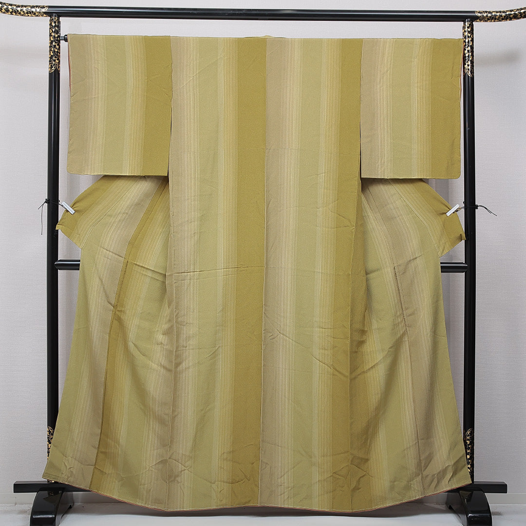 小紋 袷 身丈160cm 裄丈66cm 正絹 Sランク インフォーマル 広衿 Lサイズ 縞 緑系 RP 1221-15723