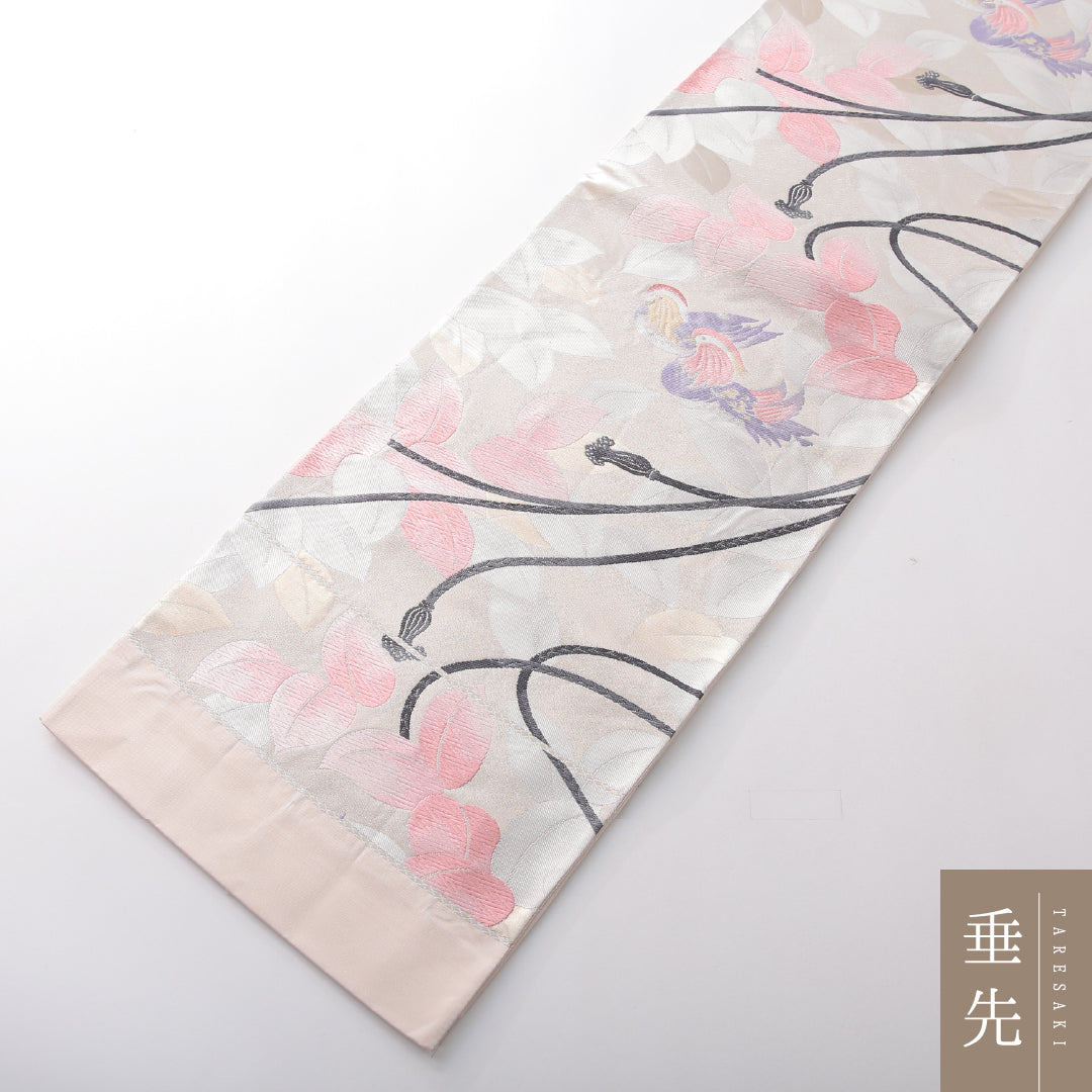 袋帯 帯丈444cm 正絹 六通 帯端のみ未仕立て 帯芯なし フォーマル 西陣織 鴛鴦 組紐 証紙 ピンク系 銀系 1243-02116