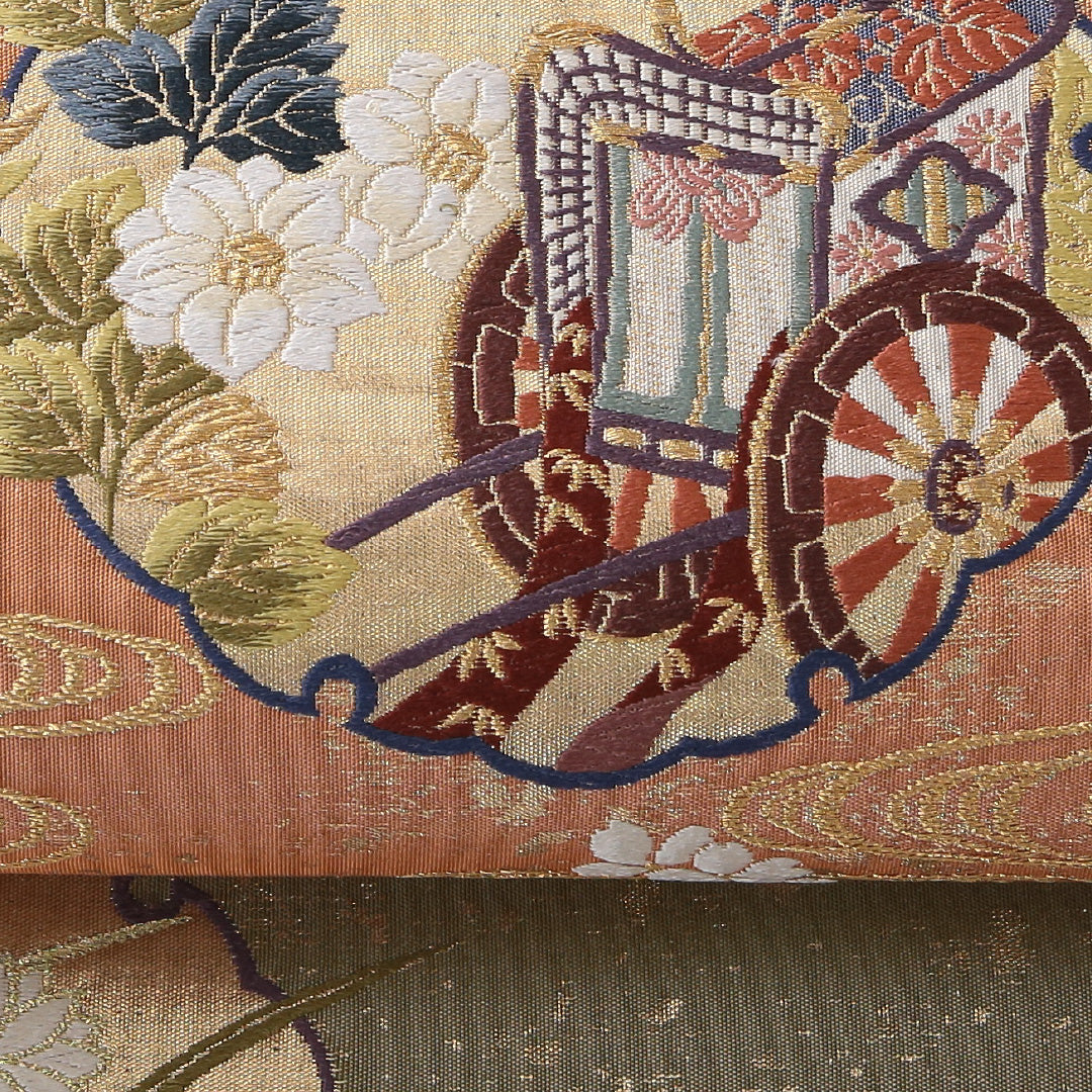 袋帯 帯丈428cm 正絹 六通 フォーマル 御所車 雪輪 クリーム系 1243-02105
