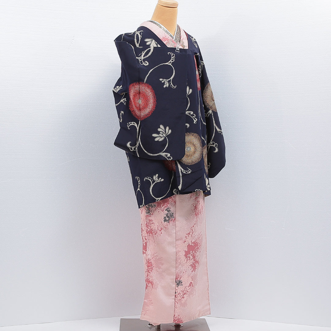 アンティーク 道行コート 袷 身丈84cm 裄丈65cm 正絹 Aランク Mサイズ 菊 レトロ 大正ロマン 紺系 M4 1237-16137