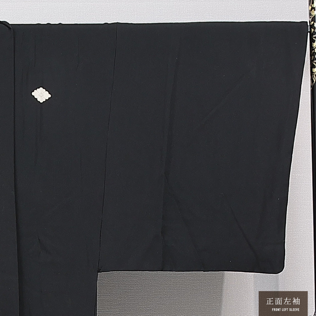 羽織 男性用 袷 身丈94cm 裄丈72cm 正絹 Cランク 五つ紋 (花菱) フォーマル XLサイズ 紐あり 無地 黒系 LP 1235-15769
