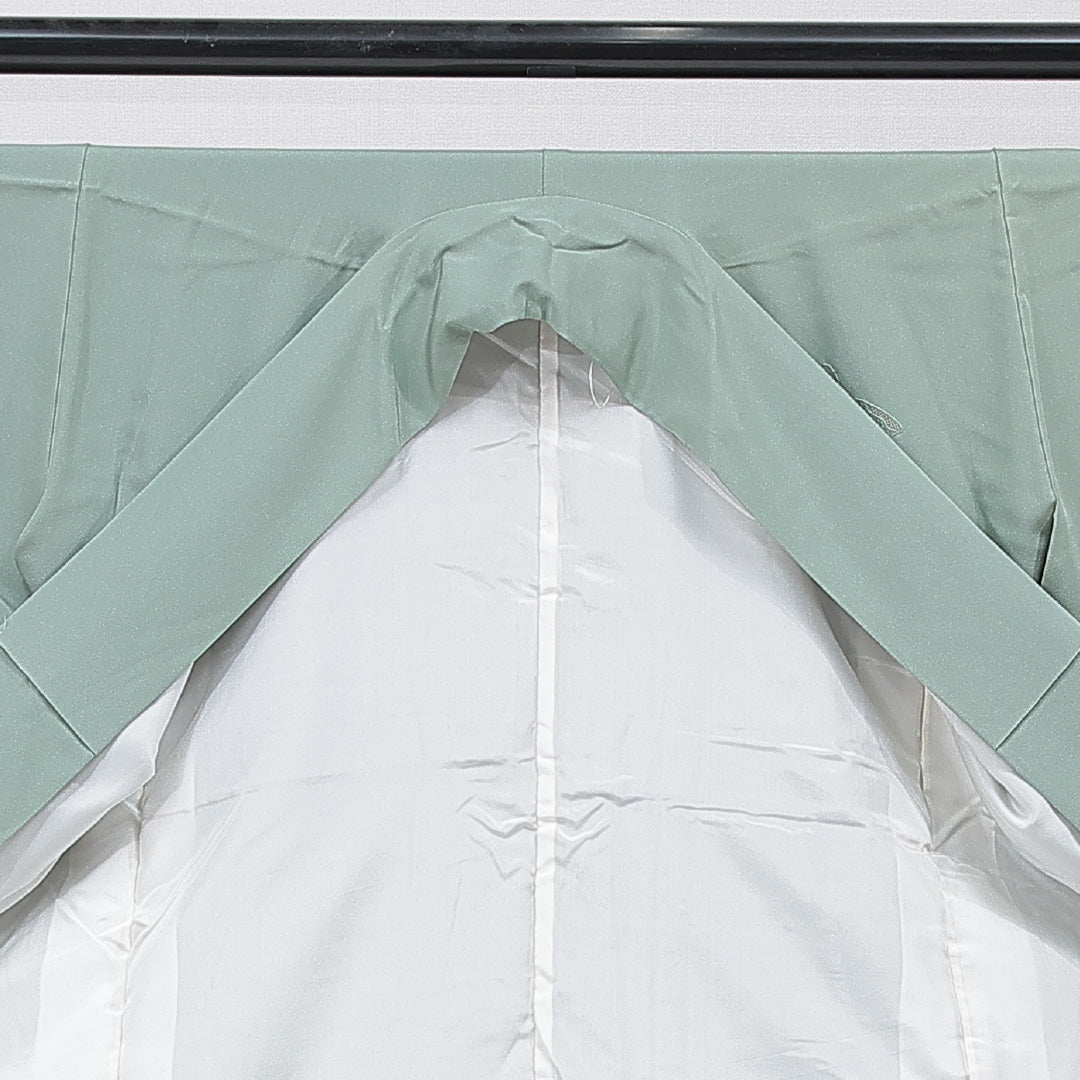 付下げ 袷 身丈153cm 裄丈60cm 正絹 Sランク Sサイズ 広衿 インフォーマル 扇 梅 蘇州刺繍 汕頭刺繡 緑系 1261-15675