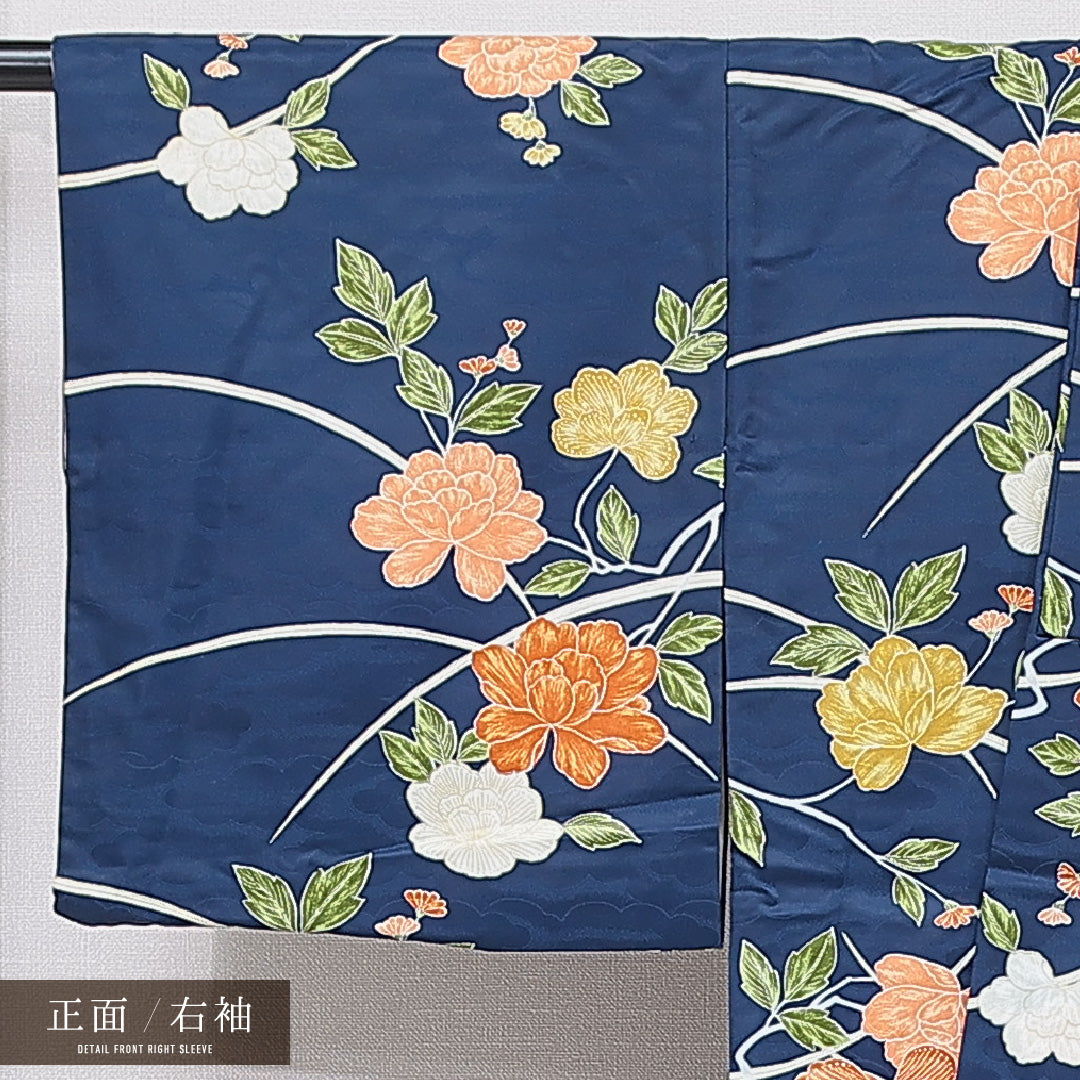 小紋 洗える着物 袷 身丈156cm 裄丈63cm ポリエステル Bランク Mサイズ 広衿 インフォーマル 牡丹 青系 1215-15802