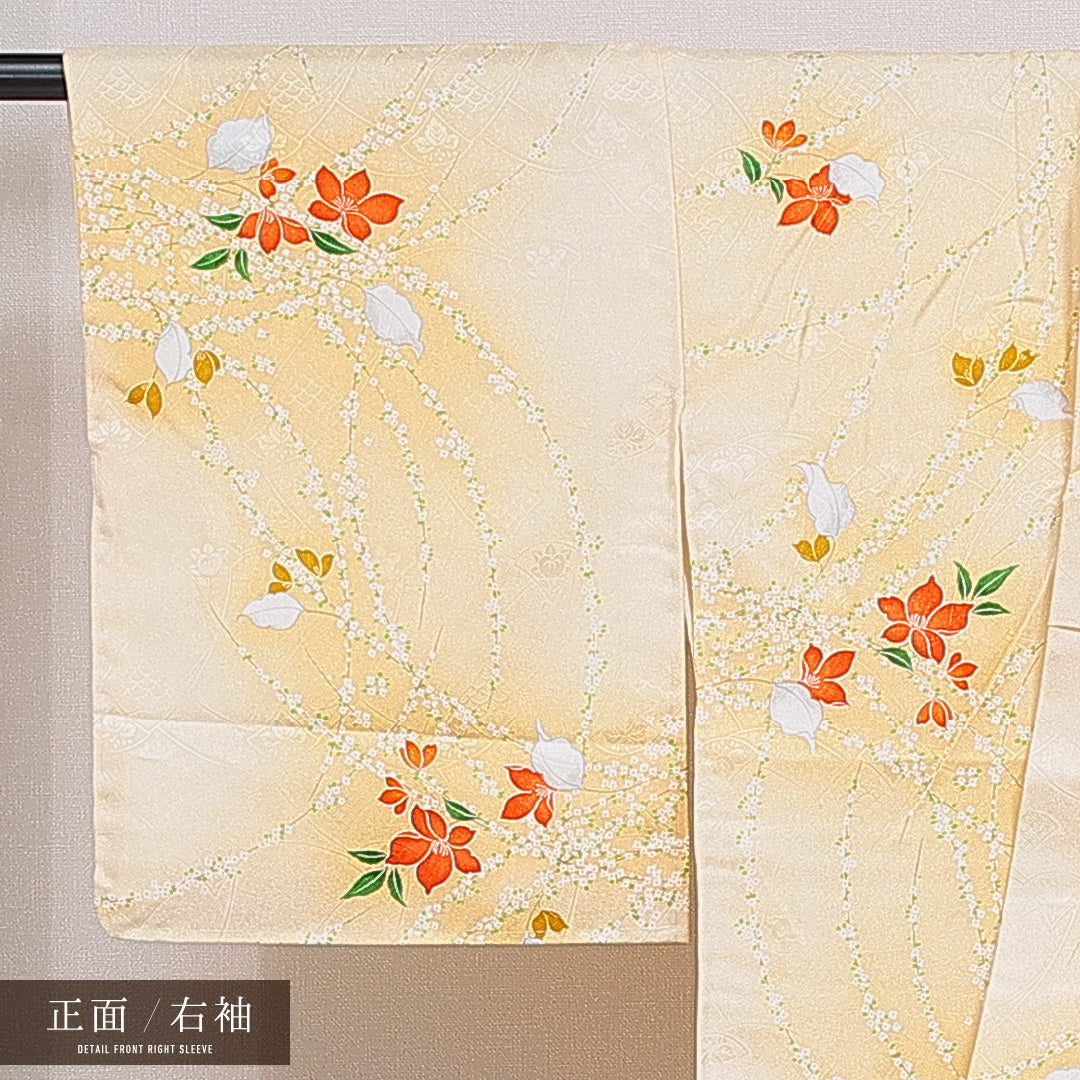 洗える着物 小紋 袷 身丈163cm 裄丈63cm ポリエステル Sランク 紋意匠 (桐) インフォーマル 広衿 Lサイズ 椿 黄系 RP 1221-16374