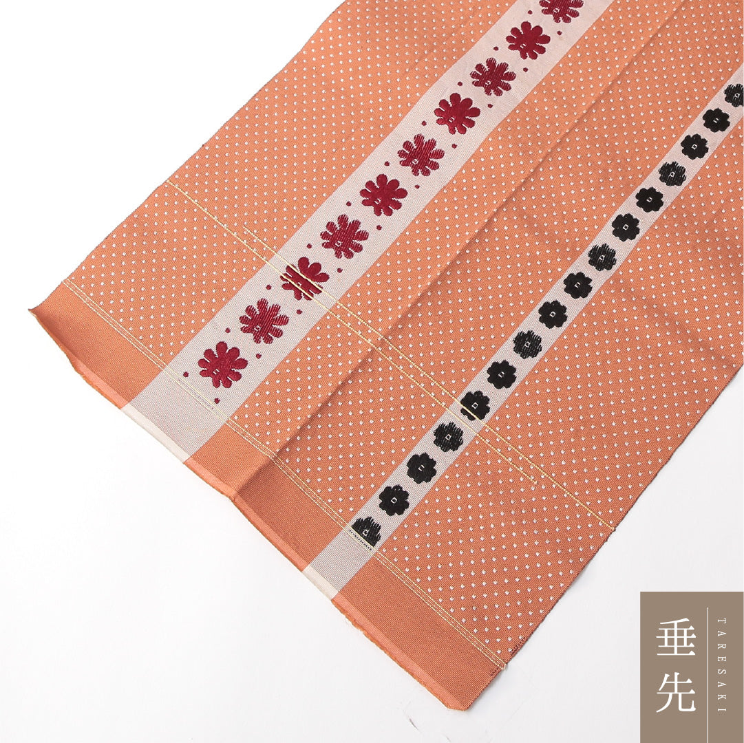 八寸名古屋帯 帯丈376cm カジュアル 開き仕立て 全通 Aランク 正絹 博多織 菊 朱系 1224-03166