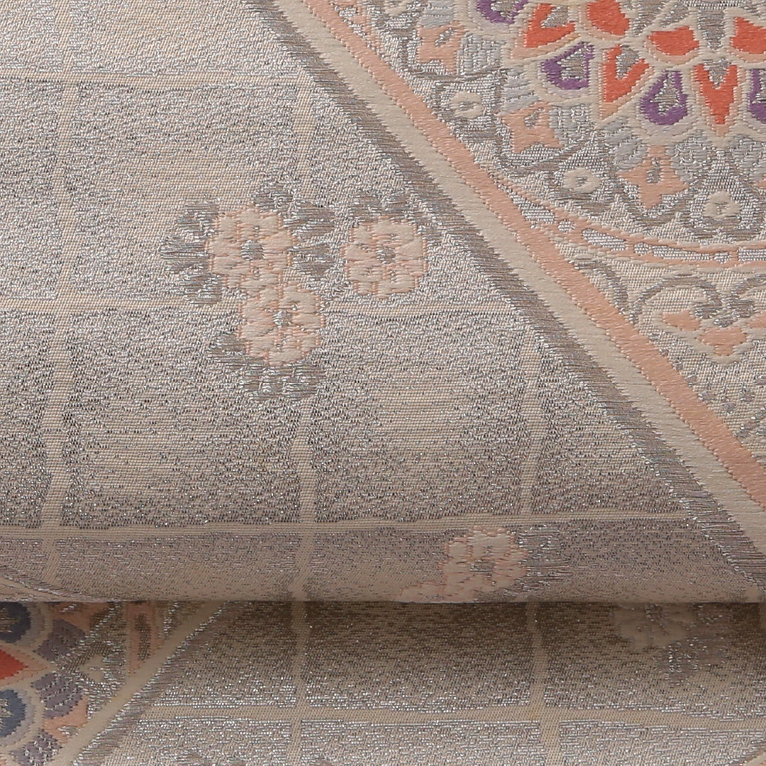 袋帯 帯丈428cm フォーマル 六通 未仕立て Aランク 正絹 唐草華文 扇 銀系 1223-01889