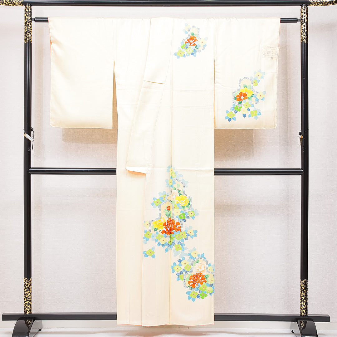 訪問着 袷 身丈156cm 裄丈64cm 正絹 Cランク セミフォーマル 広衿 Mサイズ 牡丹 黄系 HP 1217-15051