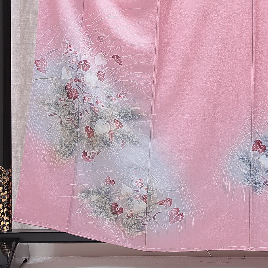 付下げ 袷 身丈159cm 裄丈65cm 正絹 Cランク インフォーマル 広衿 Mサイズ 草花 ピンク系 HP 1218-15571