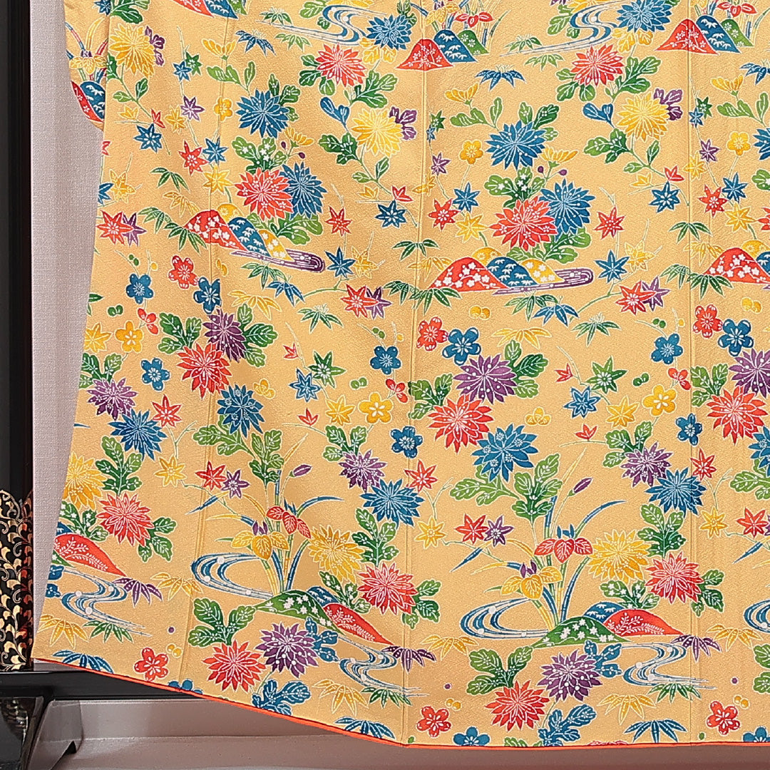 振袖 袷 身丈160cm 裄丈64cm セミフォーマル Cランク Lサイズ ポリエステル 洗える着物 広衿 菊 紅葉 1213-F0727