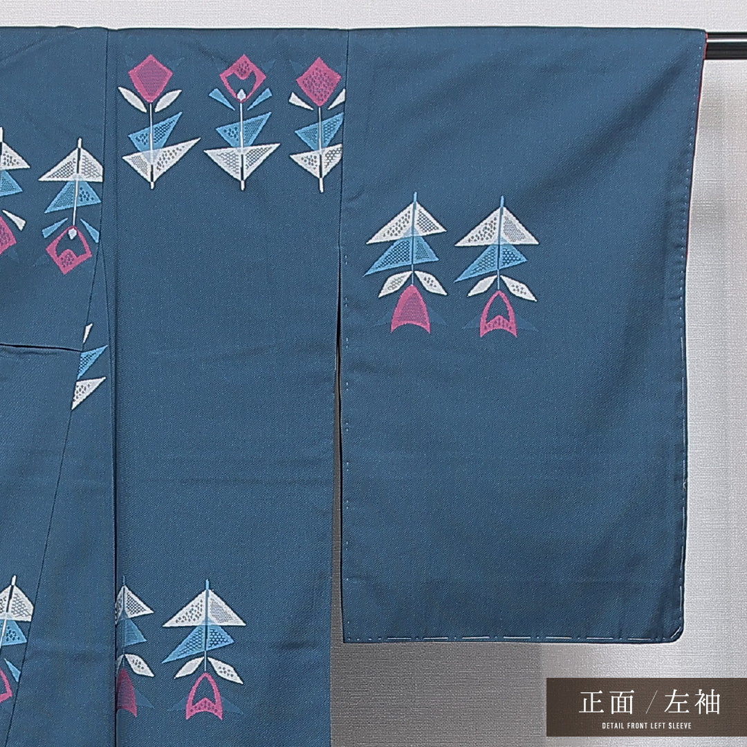 洗える着物 紬 袷 身丈157cm 裄丈62cm ポリエステル Aランク カジュアル 広衿 Mサイズ 花柄 青系 RP 1223-16404