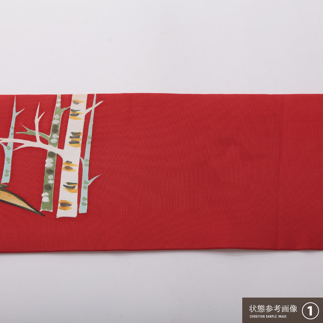 九寸名古屋帯 Bランク 帯丈369cm 正絹 ポイント柄 名古屋仕立て 染め インフォーマル 塩瀬 木立 朱系 HP 1245-03438