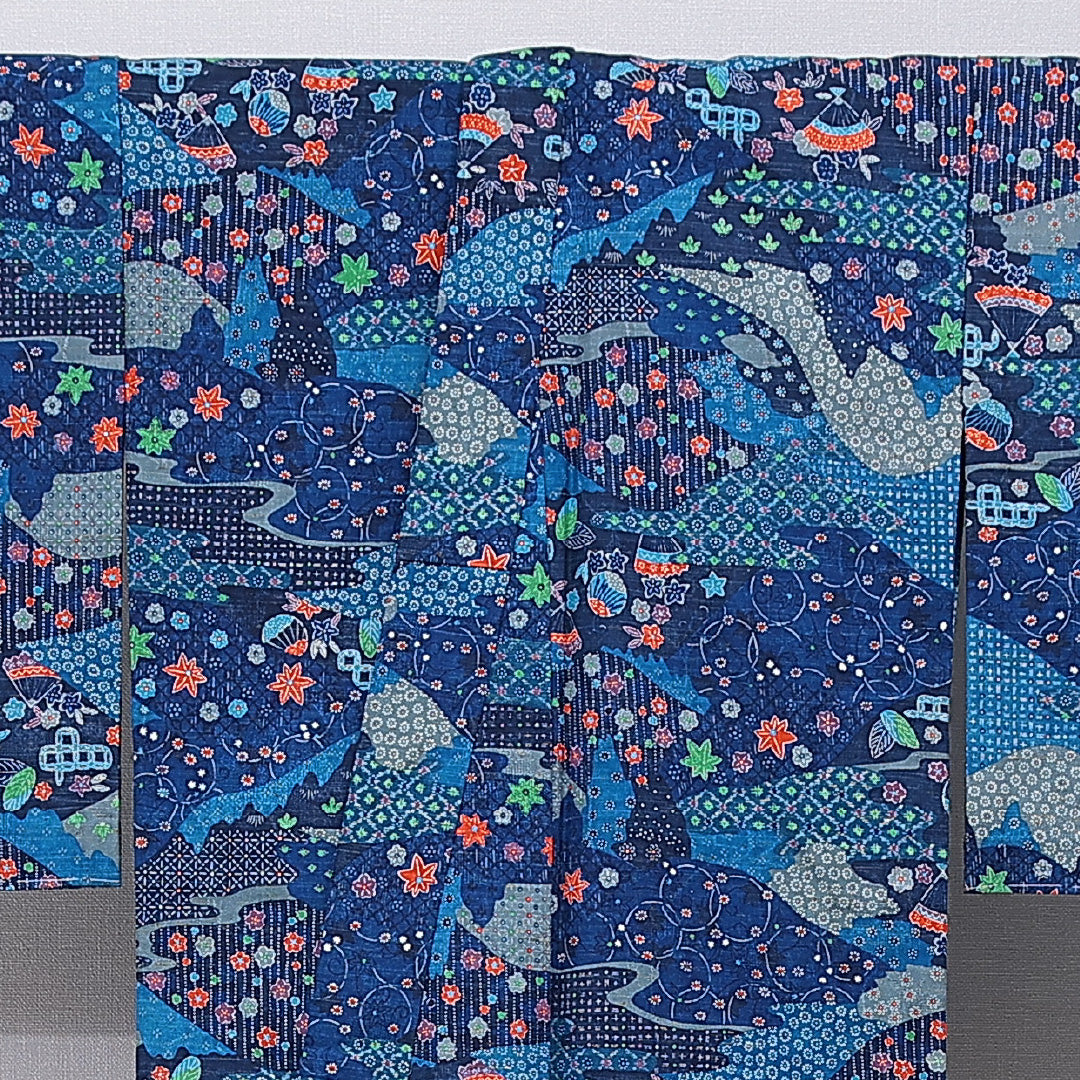 紬 単衣 身丈167cm 裄丈65cm 正絹 Cランク カジュアル バチ衿 XLサイズ 染め紬 花柄 青系 LP 1223-15537