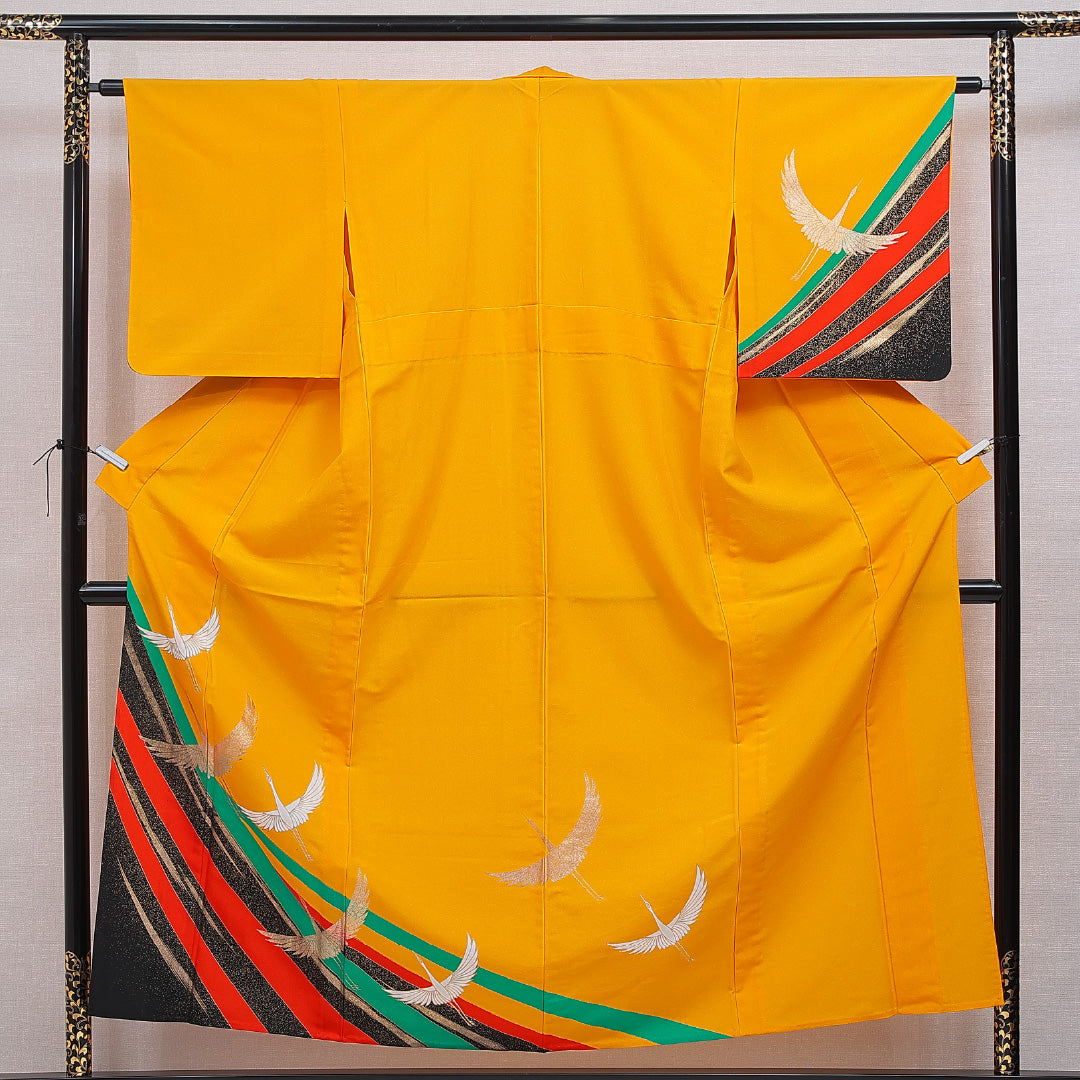 訪問着 洗える着物 単衣 身丈155cm 裄丈62cm ポリエステル Bランク Mサイズ バチ衿 セミフォーマル 鶴 黄系 1212-16336