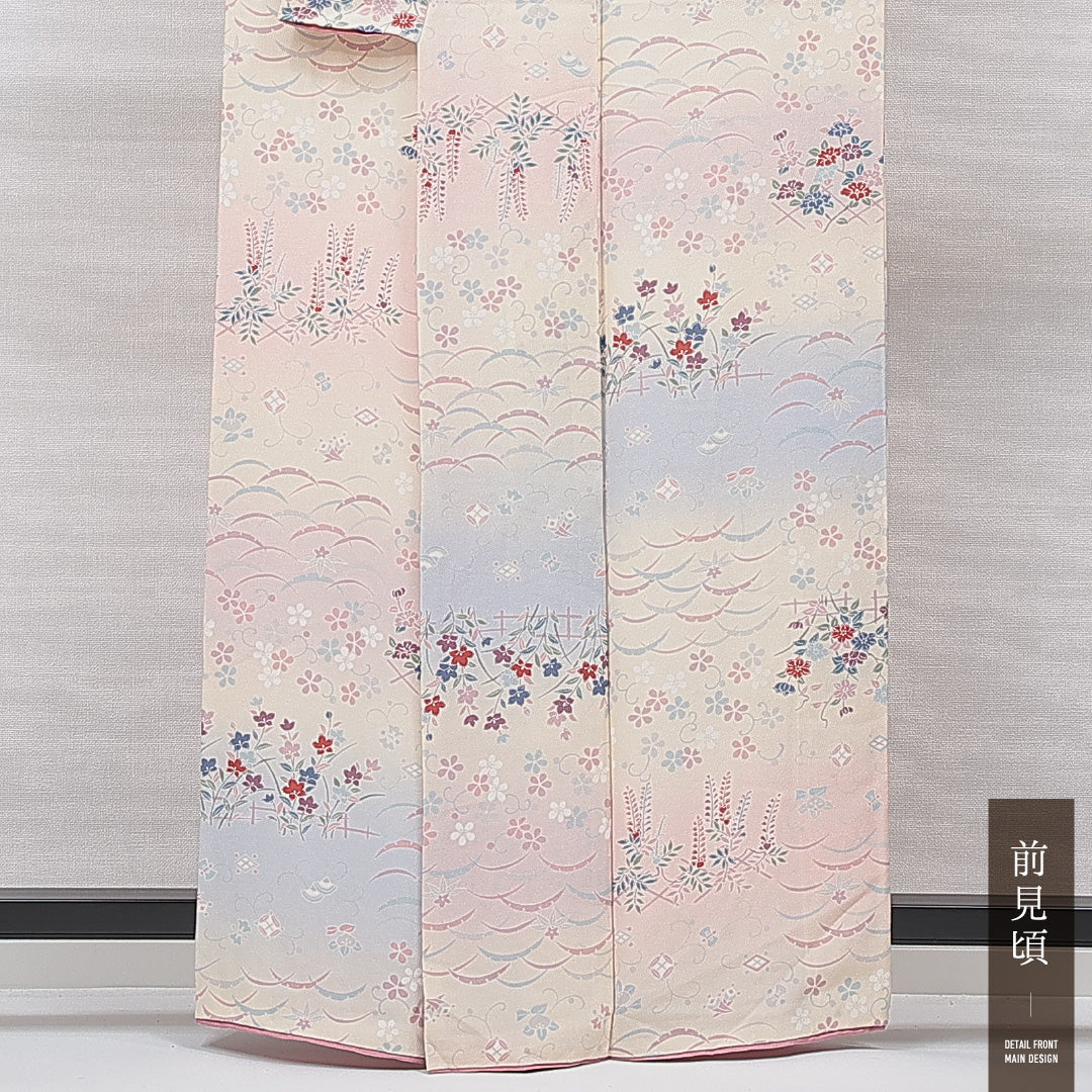 小紋 袷 身丈161cm 裄丈64cm 正絹 Cランク インフォーマル 広衿 Lサイズ 古典柄 クリーム系 HP 1221-15509