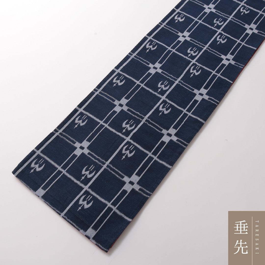 袋帯 帯丈444cm カジュアル 全通 Sランク 正絹 燕 格子 紺系 1223-01797