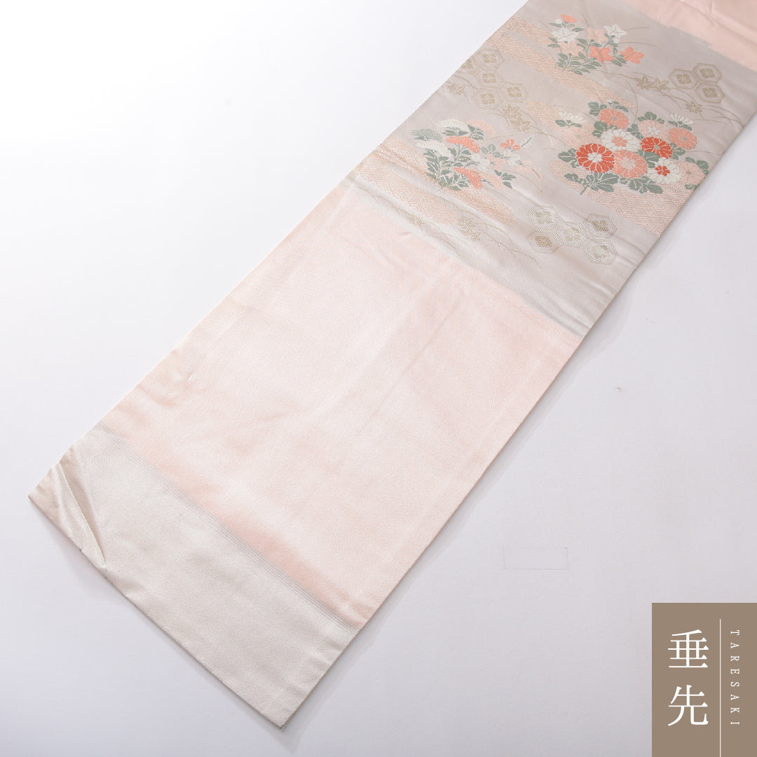 九寸名古屋帯 帯丈350cm セミフォーマル 名古屋仕立て ポイント柄 Cランク 正絹 吉祥文様 菊 ピンク系 1224-03833