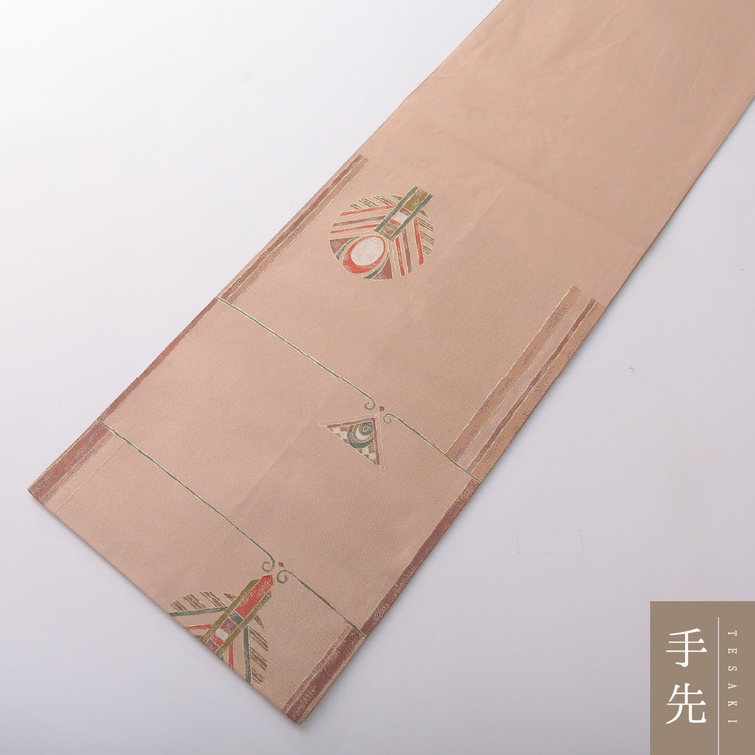 袋帯 帯丈436cm 正絹 六通 帯芯なし インフォーマル 創作柄 ベージュ系 1243-02061