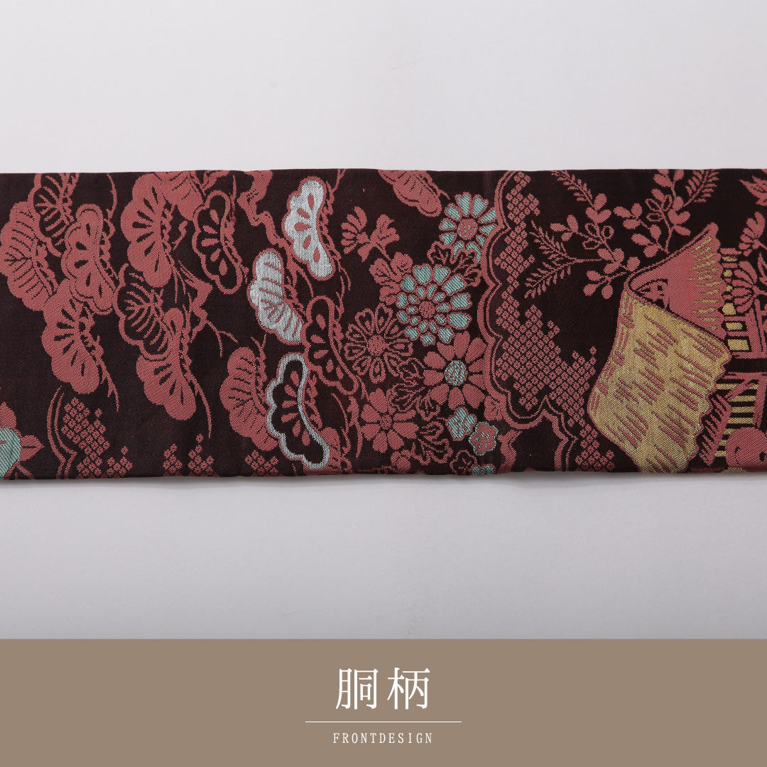 アンティーク 九寸名古屋帯 帯丈327cm セミフォーマル 名古屋仕立て 六通 Aランク 正絹 茶屋辻 松 茶系 1224-03566