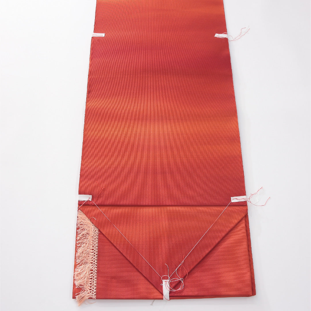 新古品 八寸名古屋帯 帯丈377cm インフォーマル 松葉仕立て 全通 未仕立て Nランク 正絹 綴れ織 ぼかし 無地 朱系 多色系 1224-04181