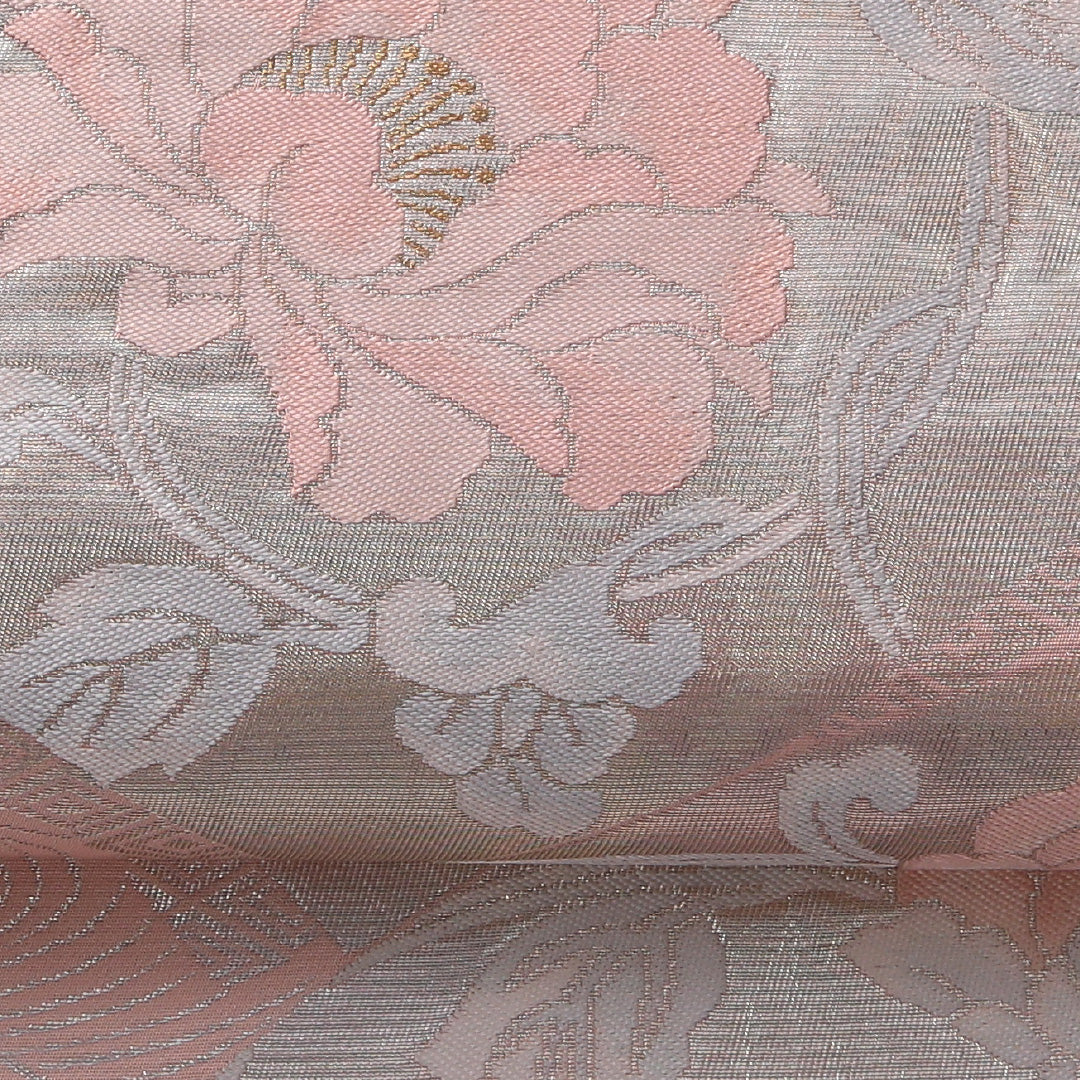 袋帯 帯丈424cm 正絹 六通 フォーマル 扇面文 唐草牡丹 銀系 ピンク系 1243-01958
