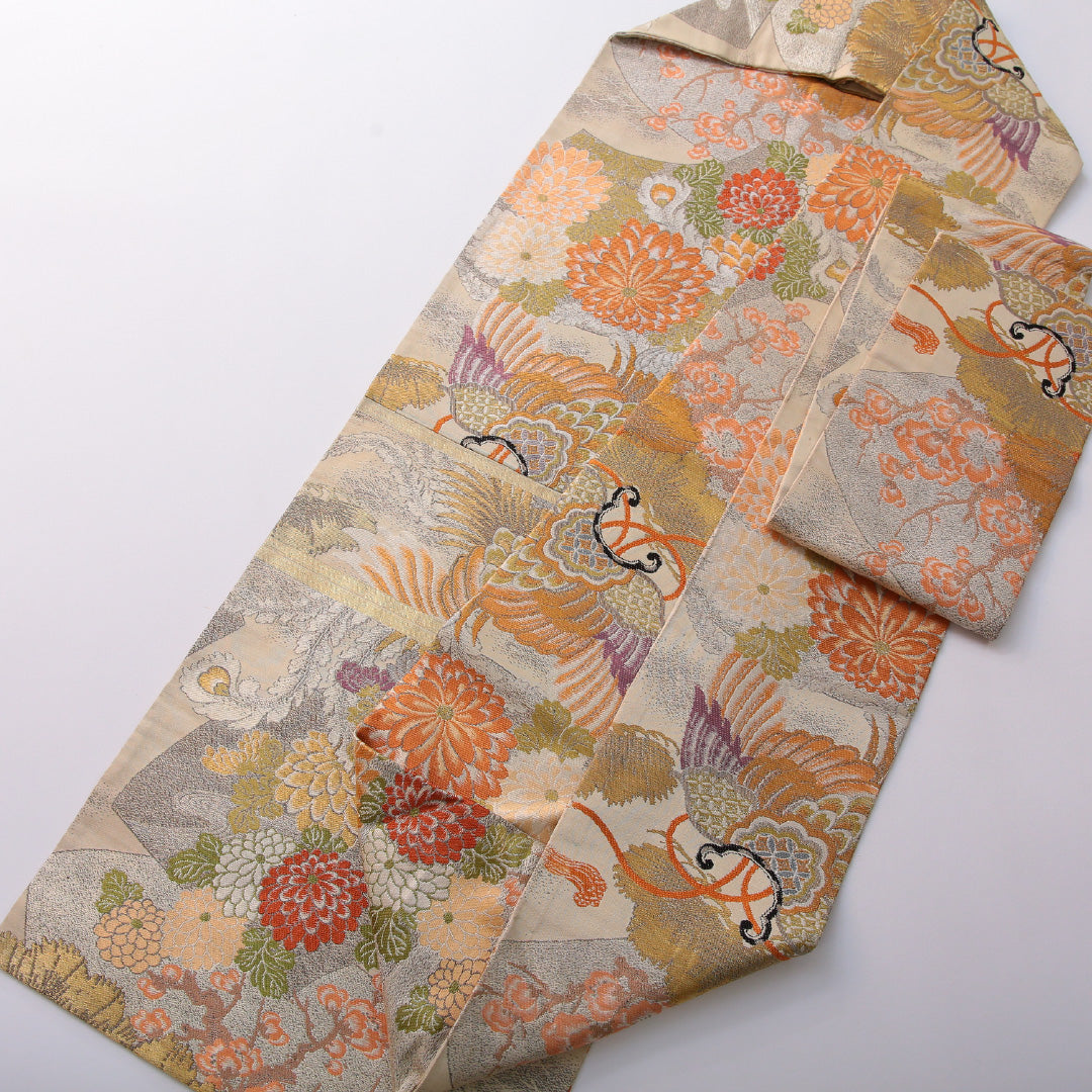 アンティーク 九寸名古屋帯 帯丈341cm セミフォーマル 名古屋仕立て 全通 Aランク 正絹 吉祥文様 桐 クリーム系 1224-03525