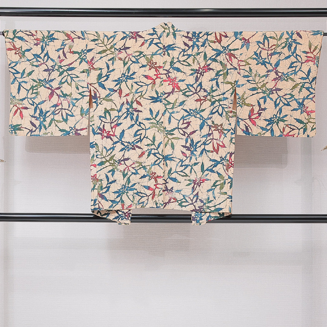 羽織 袷 身丈72cm 裄丈65cm 正絹 Aランク Mサイズ カジュアル 紐あり 植物柄 クリーム系 1217-15121