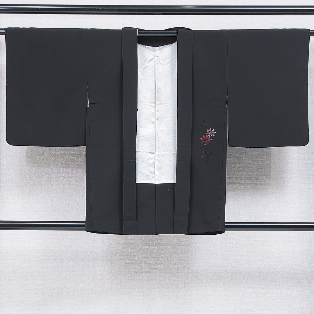 黒羽織 袷 身丈82cm 裄丈63cm 正絹 Sランク インフォーマル Sサイズ 刺繍 花柄 黒系 RP 1233-16825