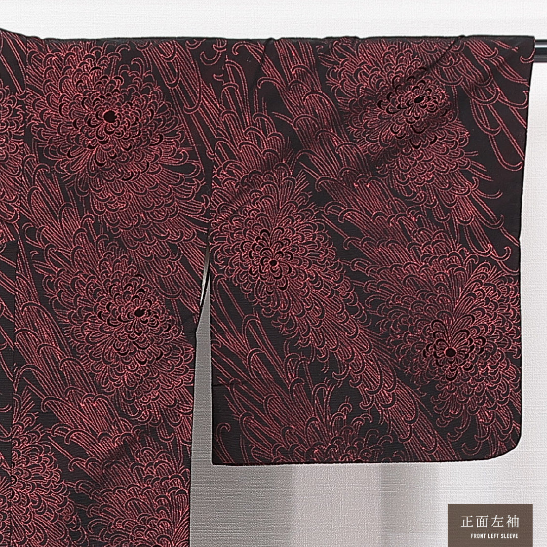 道行コート 袷 身丈103cm 裄丈31cm 正絹 Aランク Sサイズ フォーマル ポケットあり 植物柄 黒系 赤系 1263-15128