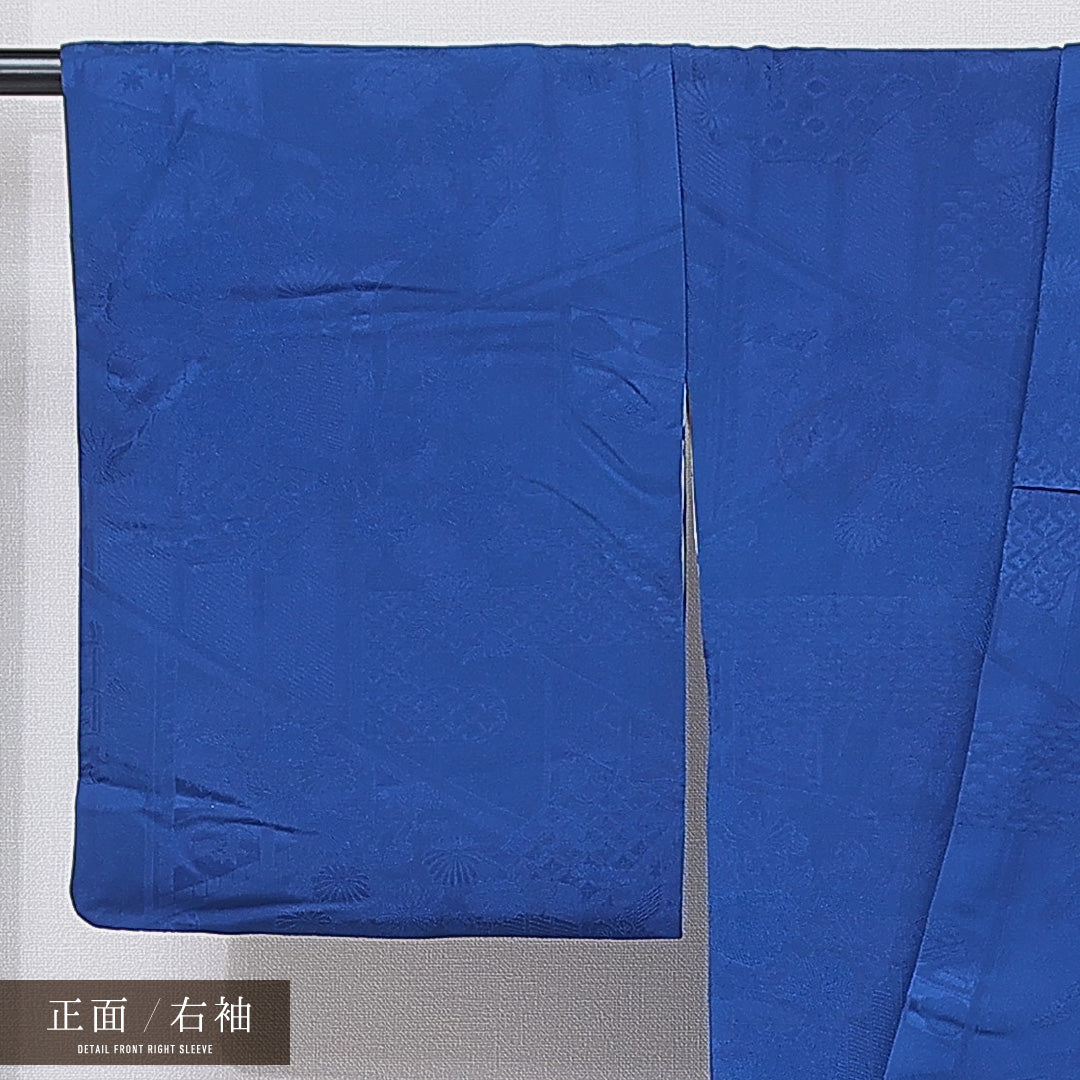 訪問着 袷 身丈161cm 裄丈64cm 正絹 Sランク セミフォーマル 広衿 Lサイズ 芝草 楓 古典的 舞台衣装 青系 RP 1217-15869