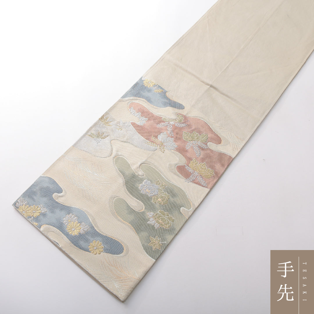 袋帯 帯丈420cm 正絹 六通 フォーマル 雲取り 吉祥文様 クリーム系 1243-02136